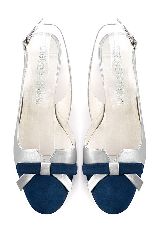 Navy blue and light silver women's open back shoes, with a knot. Round toe. Medium block heels. Top view - Florence KOOIJMAN